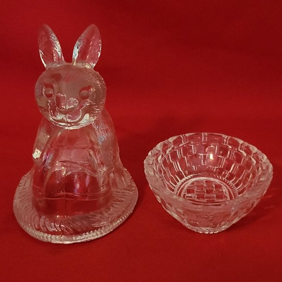 VTG Clear Glass Bunny Rabbit Nut on Nest Covered Trinket Oval Candy Dish Peach T - Picture 3 of 11